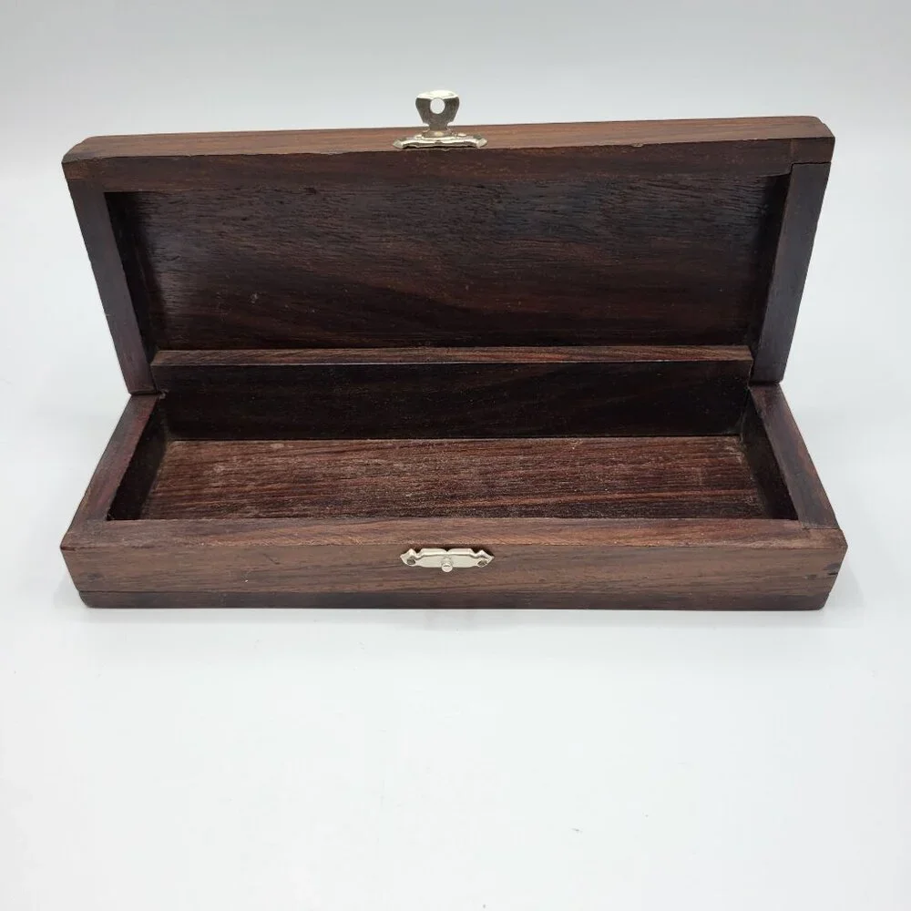 Vintage Handcrafted Wooden Jewelry Trinket Box Inlaid Peacock Design Metal Latch